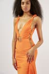 Shop_Deme by Gabriella_Orange Malai Lycra Solid Plunge V Neck Draped Trail Gown _at_Aza_Fashions