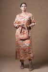 Shop_KHUSHBOO HARAN BORKAR_Coral Cupro Satin Printed Abstract Mandarin Collar Kurta And Pant Set _Online_at_Aza_Fashions