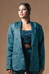 KHUSHBOO HARAN BORKAR_Black Cupro Satin Printed Geometric Lapel Collar Blazer _at_Aza_Fashions