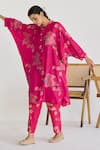 Juanita by Shubhda_Pink Silk Print French Fleur Round Collar Kurta With Trouser _Online_at_Aza_Fashions