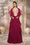 Buy_Rishi & Vibhuti x AZA_Red Georgette Embroidered Plunged V Blouse Tiered Skirt Set 
