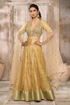 Rishi & Vibhuti x AZA_Yellow Chanderi Woven Mirror Plunged V Floral Pattern Lehenga Set _Online