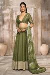 Shop_Rishi & Vibhuti x AZA_Green Dupion Woven Floral Plunged V Lehenga Set With Dupatta _Online_at_Aza_Fashions