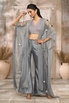 Buy_Rishi & Vibhuti x AZA_Grey Dupion Embellished Striped V Neck Tassel Cape With Pant Set _at_Aza_Fashions