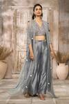 Shop_Rishi & Vibhuti x AZA_Grey Dupion Embellished Striped V Neck Tassel Cape With Pant Set 