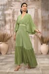 Rishi & Vibhuti x AZA_Green Georgette Embellished V Neck Frill Dress With Belt _at_Aza_Fashions