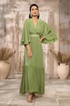 Buy_Rishi & Vibhuti x AZA_Green Georgette Embellished V Neck Frill Dress With Belt 