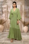 Rishi & Vibhuti x AZA_Green Georgette Embellished V Neck Frill Dress With Belt _Online