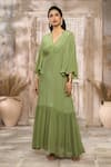 Buy_Rishi & Vibhuti x AZA_Green Georgette Embellished V Neck Frill Dress With Belt _Online