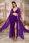 Rishi & Vibhuti x AZA_Purple Crepe Embroidered Tassel Plunged V Draped Skirt Set With Cape _at_Aza_Fashions