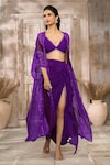 Buy_Rishi & Vibhuti x AZA_Purple Crepe Embroidered Tassel Plunged V Draped Skirt Set With Cape 