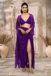 Shop_Rishi & Vibhuti x AZA_Purple Crepe Embroidered Tassel Plunged V Draped Skirt Set With Cape 