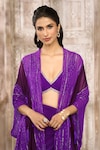 Shop_Rishi & Vibhuti x AZA_Purple Crepe Embroidered Tassel Plunged V Draped Skirt Set With Cape _at_Aza_Fashions