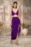 Rishi & Vibhuti x AZA_Purple Crepe Embroidered Tassel Plunged V Draped Skirt Set With Cape _Online