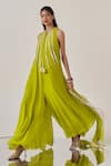 Shop_MADZIN_Green Silk Flat Chiffon Embellished Sequins Round Neck Jumpsuit With Dupatta_at_Aza_Fashions