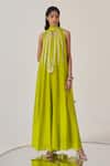 MADZIN_Green Silk Flat Chiffon Embellished Sequins Round Neck Jumpsuit With Dupatta_Online_at_Aza_Fashions