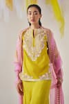 Shop_MADZIN_Yellow Silk Chanderi Hand Embroidery Gota Notched Neck Kurta Sharara Set_at_Aza_Fashions