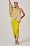 Buy_MADZIN_Yellow Silk Chanderi Hand Embroidery Sequins One Shoulder Neck Top With Skirt _at_Aza_Fashions