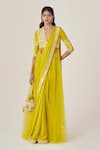 Buy_MADZIN_Yellow Silk Satin Georgette Embroidery Sequins V Neck Border Saree With Blouse _at_Aza_Fashions