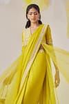 Shop_MADZIN_Yellow Silk Satin Georgette Embroidery Sequins V Neck Border Saree With Blouse _Online_at_Aza_Fashions