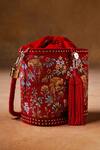Buy_Anita Dongre_Red Zari Thread Hand Painted Pichhwai Bucket Bag_at_Aza_Fashions
