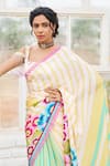 Shop_ISSA STUDIO BY CHETANA & SWATHI_Yellow Chiffon Print Blossomy Striped Square Neck Celia Saree Set _at_Aza_Fashions