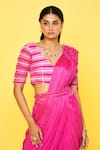 ISSA STUDIO BY CHETANA & SWATHI_Pink Chiffon Applique 3d Petunia V Neck Charles Pre-draped Saree Set _Online_at_Aza_Fashions