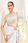 ISSA STUDIO BY CHETANA & SWATHI_Blue Organza Print Striped Dreamy Flora Blouse Heera Pre-draped Saree Set _Online_at_Aza_Fashions