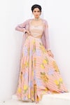Buy_ISSA STUDIO BY CHETANA & SWATHI_Orange Crepe Embellished Floral Blouse Raha Pattern Lehenga Set With Cape_at_Aza_Fashions