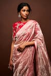 Shop_ISSA STUDIO BY CHETANA & SWATHI_Peach Tissue Embroidered Cutdana High Neck Ruhira Saree With Blouse _Online_at_Aza_Fashions