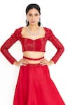 Shop_ISSA STUDIO BY CHETANA & SWATHI_Red Viscose Satin Organza Embroidered Cut Victoria Applique Blouse With Lehenga _at_Aza_Fashions