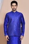 Shop_Arihant Rai Sinha_Blue Silk Embroidery, Sequins Budding Bloom Bundi Kurta Set _Online_at_Aza_Fashions