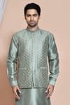 Buy_Aryavir Malhotra_Green Bundi And Kurta Art  Churidar Embroidery Star Burst Set _Online_at_Aza_Fashions