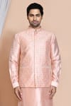 Shop_Aryavir Malhotra_Peach Bundi And Kurta Art  Churidar Embroidery Sequin & Jaal Set _Online_at_Aza_Fashions