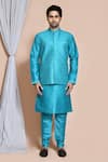 Buy_Arihant Rai Sinha_Blue , Satin Embroidery, Sequins Turquoise Bundi Kurta Set _Online_at_Aza_Fashions