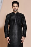 Shop_Arihant Rai Sinha_Black Silk, Chanderi Embroidery Checkered Kurta Set _Online_at_Aza_Fashions