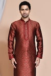 Shop_Aryavir Malhotra_Maroon Kurta Art Silk Woven Diamond Set _Online_at_Aza_Fashions