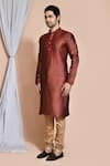 Aryavir Malhotra_Maroon Kurta Art Silk Woven Diamond Set _at_Aza_Fashions