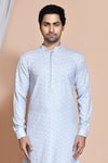 Shop_Aryavir Malhotra_Grey Kurta Cotton Lycra Embroidery Thread Set _Online_at_Aza_Fashions