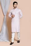 Buy_Aryavir Malhotra_Cream Kurta Cotton Lycra Embroidery Thread Geometric Set _at_Aza_Fashions