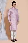 Aryavir Malhotra_Purple Kurta Cotton Lycra Embroidery Thread Mughal Set _at_Aza_Fashions