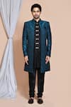 Buy_Arihant Rai Sinha_Blue , Chanderi Geometric Pattern Long Sherwani Jacket Churidar Set _Online_at_Aza_Fashions
