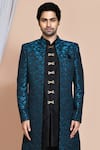 Shop_Arihant Rai Sinha_Blue , Chanderi Geometric Pattern Long Sherwani Jacket Churidar Set _Online_at_Aza_Fashions