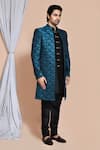 Arihant Rai Sinha_Blue , Chanderi Geometric Pattern Long Sherwani Jacket Churidar Set _at_Aza_Fashions