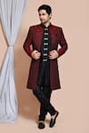 Buy_Aryavir Malhotra_Maroon Kurta And Sherwani Art Silk Woven Abstract Pattern Jacket Churidar Set _at_Aza_Fashions