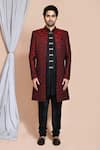 Buy_Aryavir Malhotra_Maroon Kurta And Sherwani Art Silk Woven Abstract Pattern Jacket Churidar Set _Online_at_Aza_Fashions