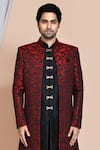 Shop_Aryavir Malhotra_Maroon Kurta And Sherwani Art Silk Woven Abstract Pattern Jacket Churidar Set _Online_at_Aza_Fashions