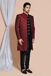 Aryavir Malhotra_Maroon Kurta And Sherwani Art Silk Woven Abstract Pattern Jacket Churidar Set _at_Aza_Fashions