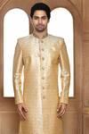 Shop_Aryavir Malhotra_Beige Sherwani Art Silk Embroidery Resham Straight With Churidar _Online_at_Aza_Fashions