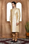 Aryavir Malhotra_Beige Sherwani Art Silk Embroidery Resham Straight With Churidar _at_Aza_Fashions